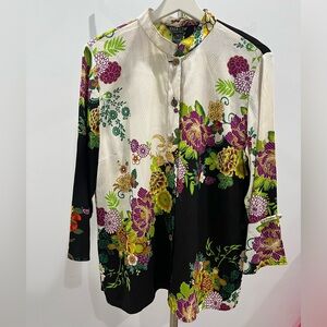 Citron Santa Monica Beautiful Vibrant Floral print Mandarin collar blouse Large